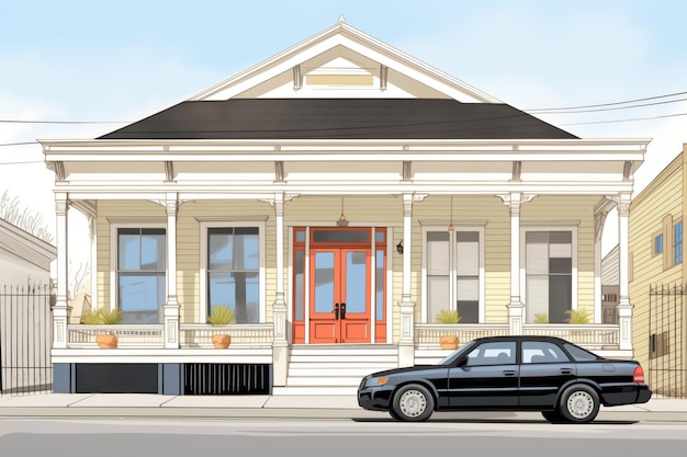 Greek revival facade with porch and a sleek black car parked beside magazine style illustration