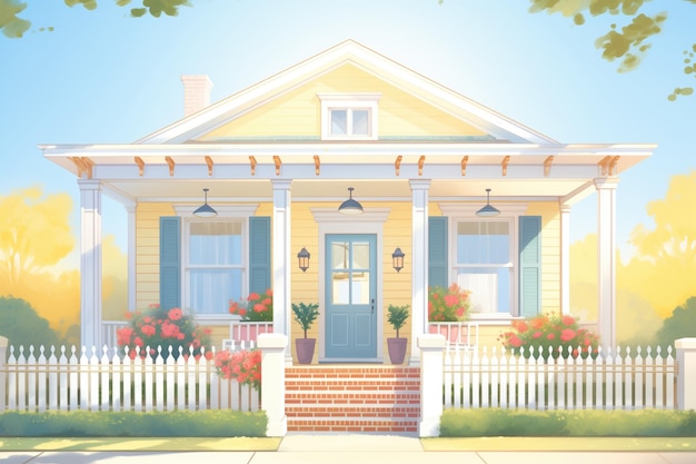 Greek revival house with a front porch sunshine lighting up the facade magazine style illustration