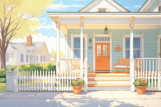 A greek revival porch with iron railing and a walkway magazine style illustration