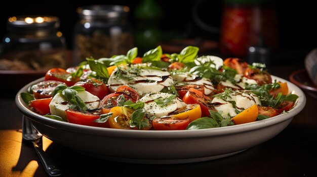 greek salad in bowl with tomatoes basil cheese and herbs on dark background