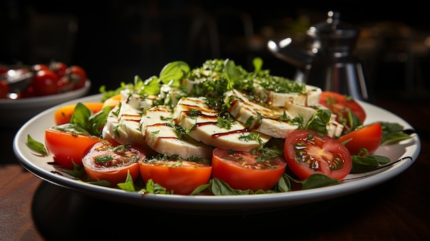 Photo greek salad in bowl with tomatoes basil cheese and herbs on dark background