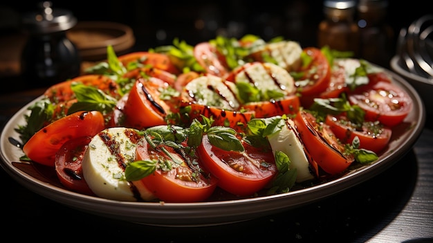 暗い背景にトマト、バジルチーズ、ハーブを入れたボウルのギリシャ風サラダ