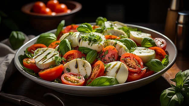 греческий салат в миске с помидорами, сыром базиликом и зеленью на темном фоне