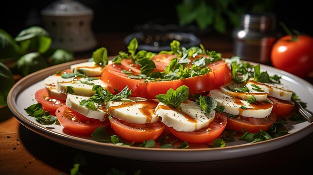 greek salad in bowl with tomatoes basil cheese and herbs on dark background