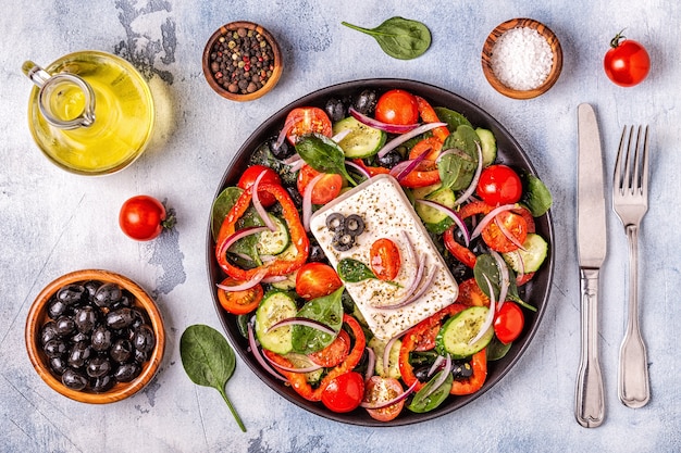 Greek salad of fresh vegetables, feta cheese and olives