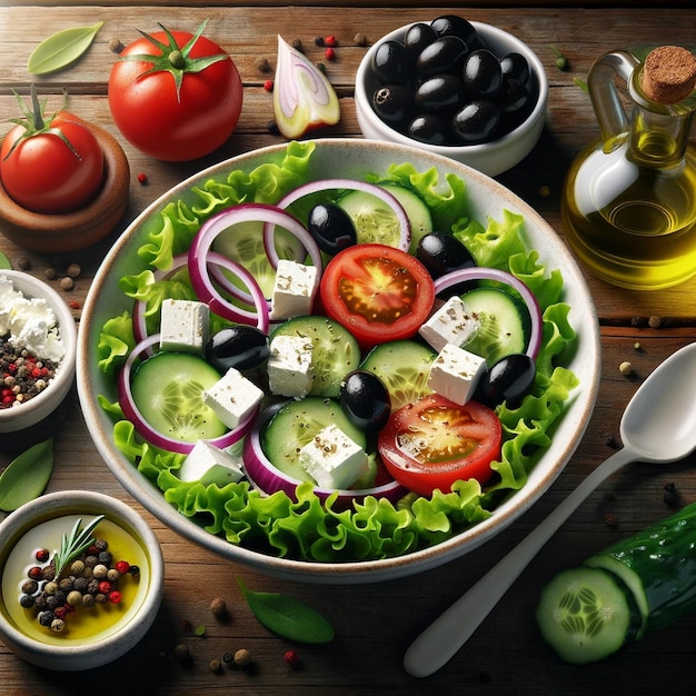 Greek salad in the photo with a wooden backdrop