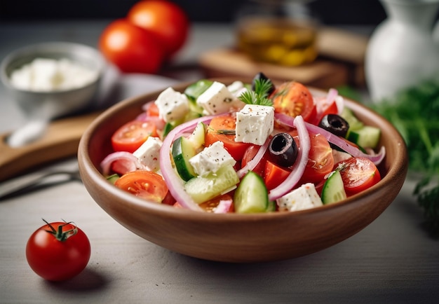 Greek salad in a plate or bowl on light background Salad with feta cheese and olives