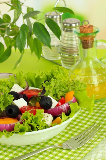 Greek salad on plate on table closeup