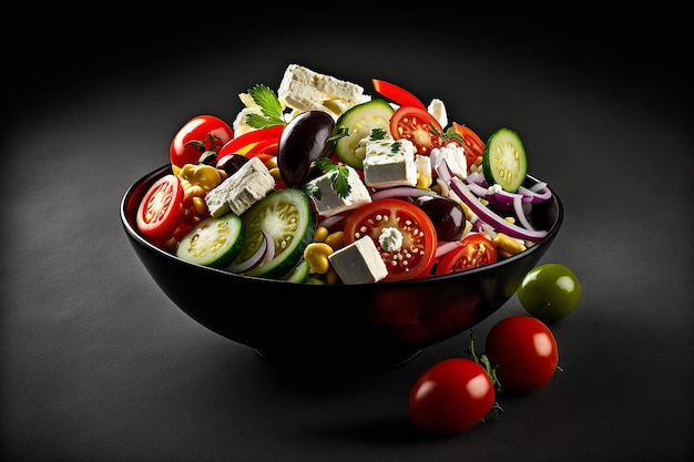 그리스 샐러드 제품 스튜디오 사진 어두운 검정색 배경 신선한 토마토와 양파 샐러드 생성 AI 그림