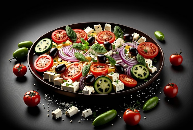 Greek salad product studio photo dark black background fresh tomato and onion salad Generative AI illustration