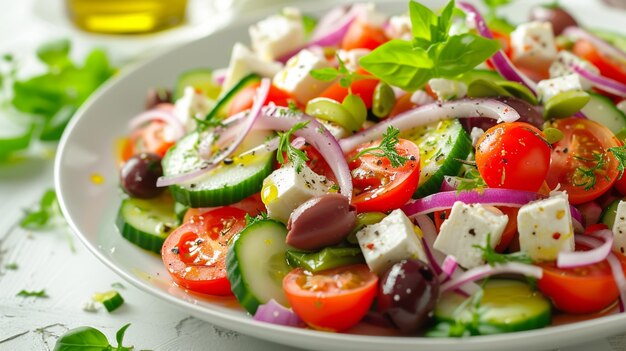 Un'insalata greca vivace con pomodori freschi cetrioli cipolle rosse kalamata olive