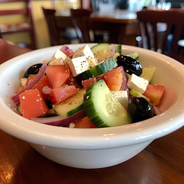 Greek salad with feta cheese and black olives in a bowl
