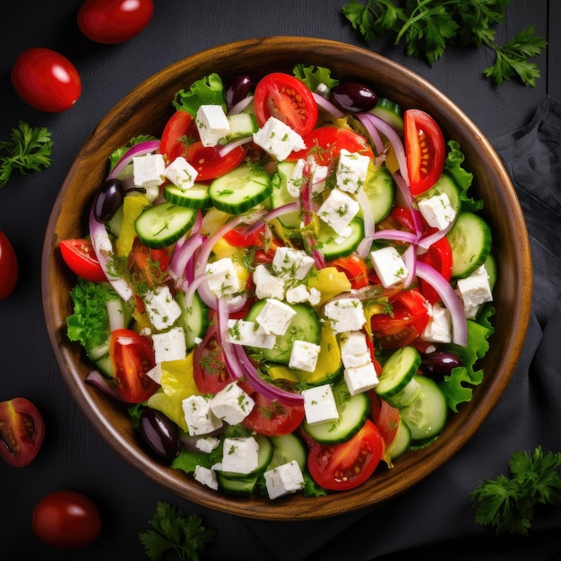 Greek salad with feta cheese and olive oil on plate Greek healthy food