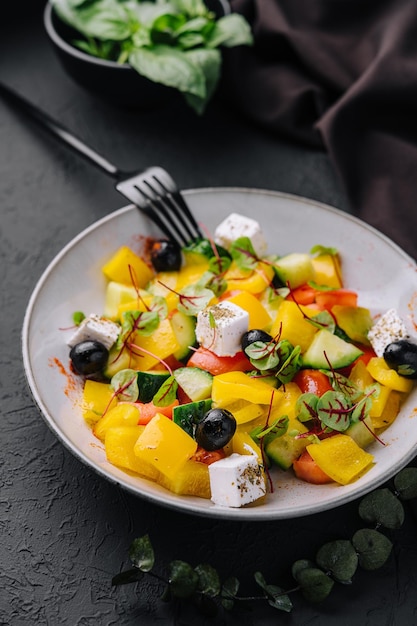 Greek salad with feta cheese olives and vegetables