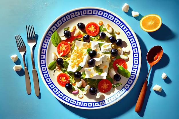 Foto insalata greca con formaggio feta e cibo dietetico solare