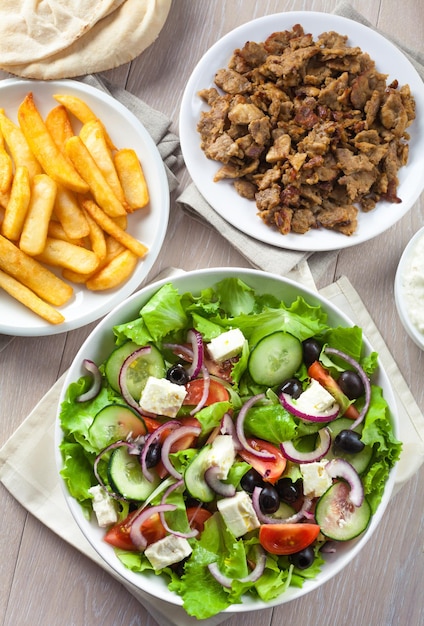 Greek Salad with Gyros and Fries