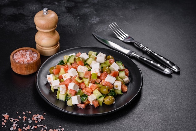 Greek salad with juicy tomatoes feta cheese lettuce green olives cucumber red onion and fresh parsley