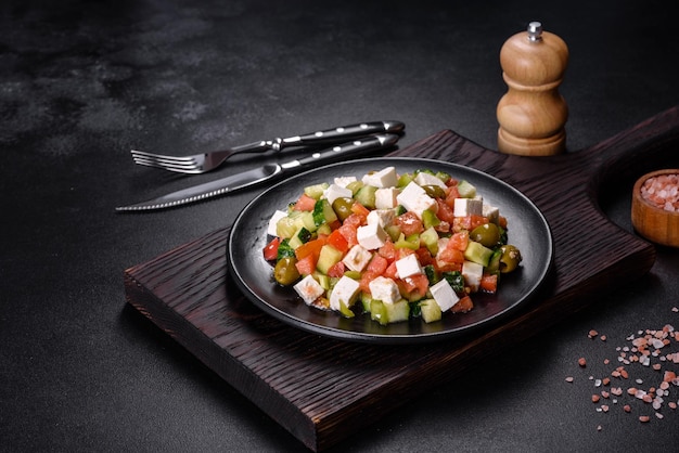 Greek salad with juicy tomatoes feta cheese lettuce green olives cucumber red onion and fresh parsley