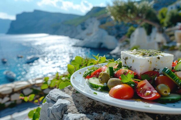 トマトとキュウリのギリシャサラダ 白いフェタチーズ オリーブと背景の海