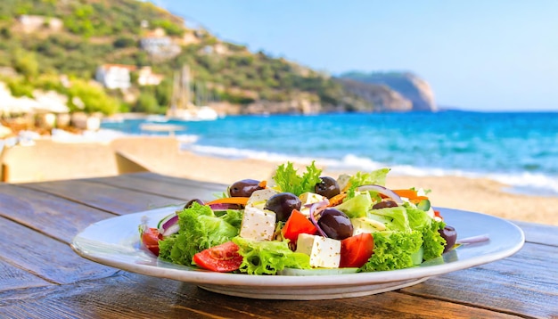 Greek salad with vegetables at beach restaurant