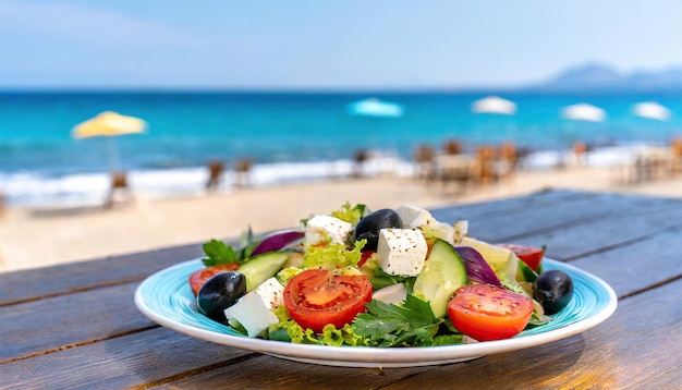 Greek salad with vegetables at beach restaurant