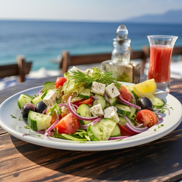 Foto insalata greca con verdure al ristorante sulla spiaggia