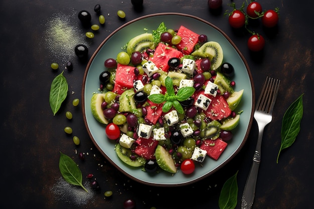 Greek salad with watermelon and Kalamata olives a top view