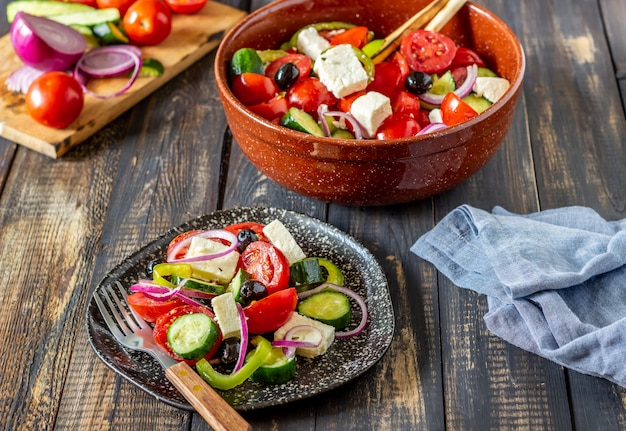 Greek salad on a wood