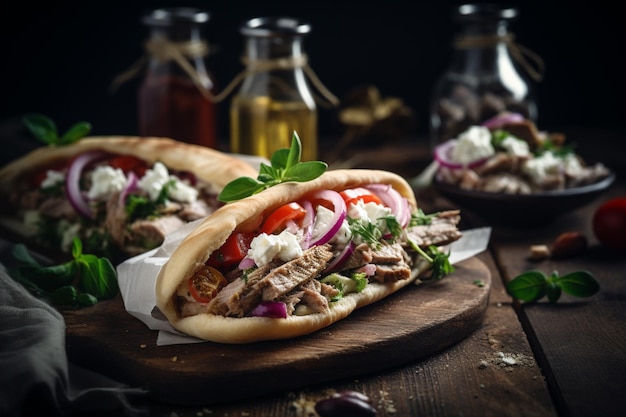 A greek sandwich with a pita on a wooden board