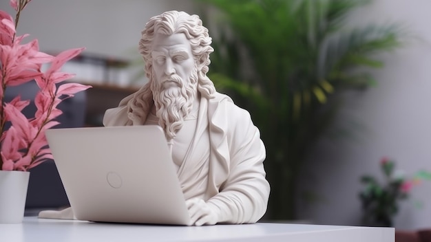 Photo greek sculpture of a philosopher with a laptop in an office