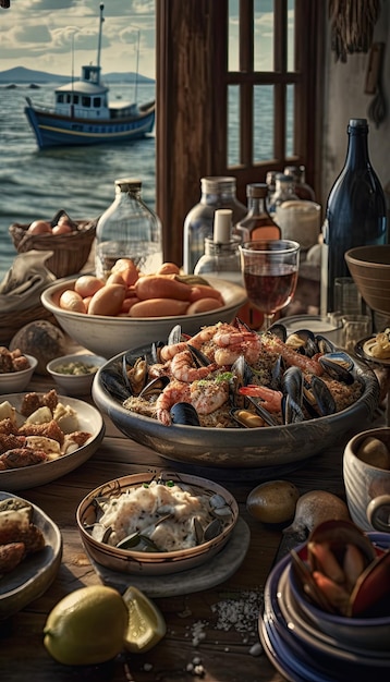 Greek seafood dishes and wine