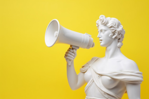 Greek Statue Holding a Megaphone Against Yellow Background Generative AI