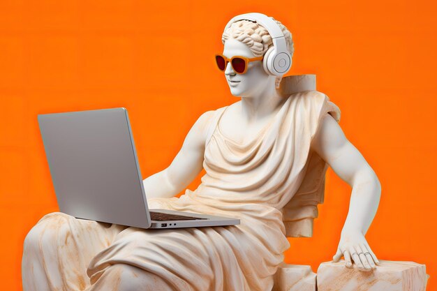 Photo greek statue smiling wear sunglasses programming on laptop