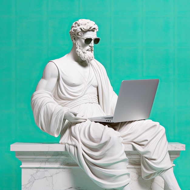 Greek statue smiling wear sunglasses programming on laptop