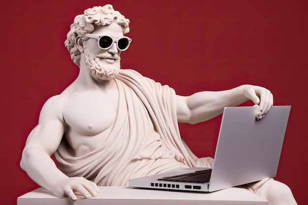 Foto statua greca sorridente che indossa occhiali da sole programmando sul laptop