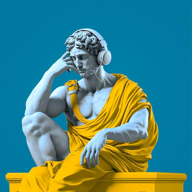 Foto statua greca che indossa le cuffie