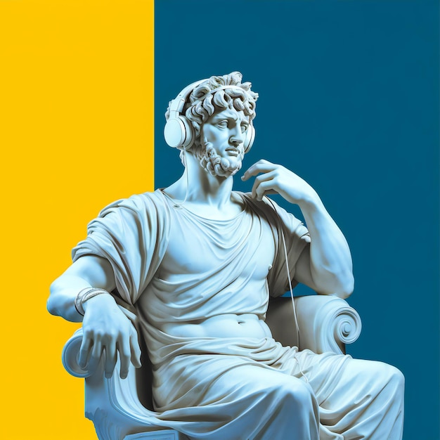 Greek statue wearing headphones