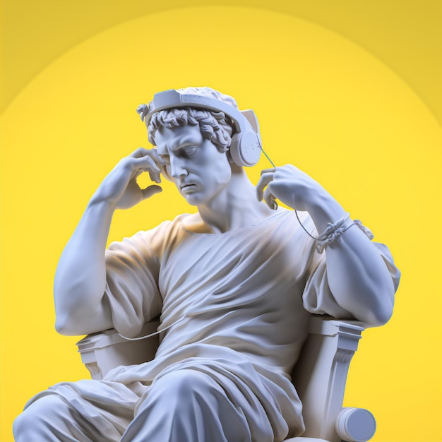 Greek statue wearing headphones