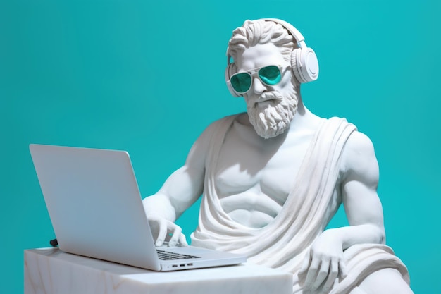 Greek stone statue smiling wear sunglasses with laptop blue background