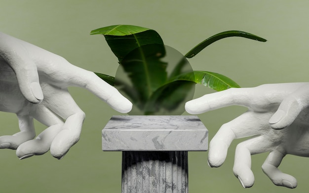 Стенд в греческом стиле с цементными руками, указывающими на центр, с нечеткой стеклянной сферой и растением сзади на зеленом фоне. 3D визуализация