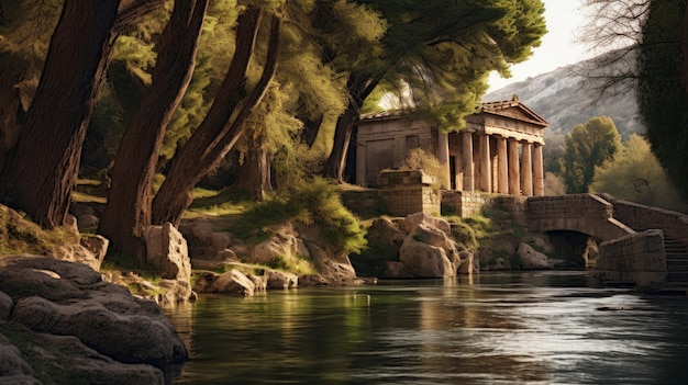 Greek temple by river rustic wooden bridge leads to entrance