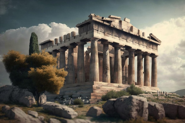 A greek temple is shown in a landscape.