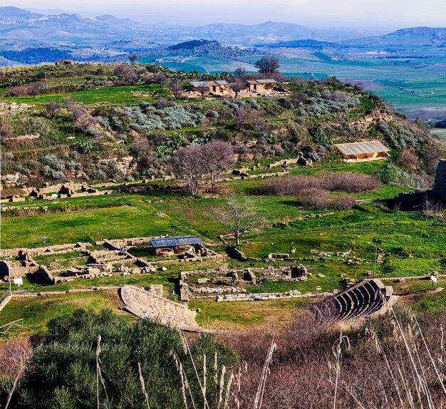 Greek theater and other ruins in Morgantina archaeological site Sicily