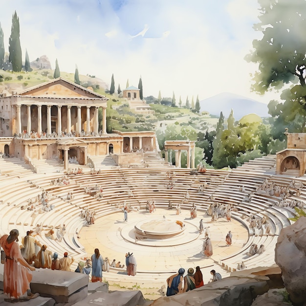 Photo greek theater with stone seating and actors performing a play illustration