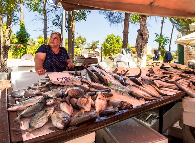 Greek village market on the island of evia with fish and a\
variety of seafood in greece