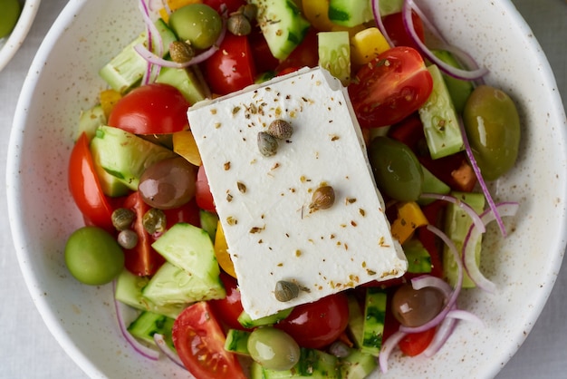 Greek village salad horiatiki with feta top view