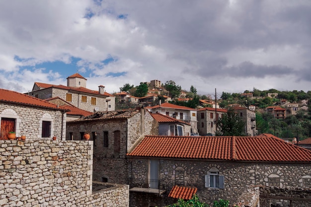 Greek village with traditional stone-built houses against sky in Karytaina Arcadia Peloponnese