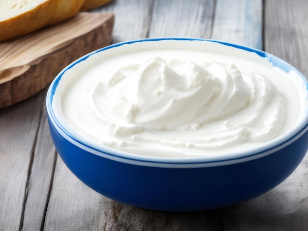 Greek yogurt in blue bowl on rustic wooden table ai generated