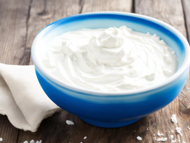 Greek yogurt in blue bowl on rustic wooden table ai generated