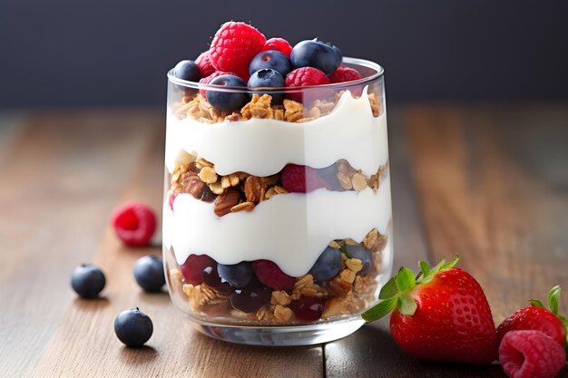 Greek yogurt parfait layered with granola and fresh berries